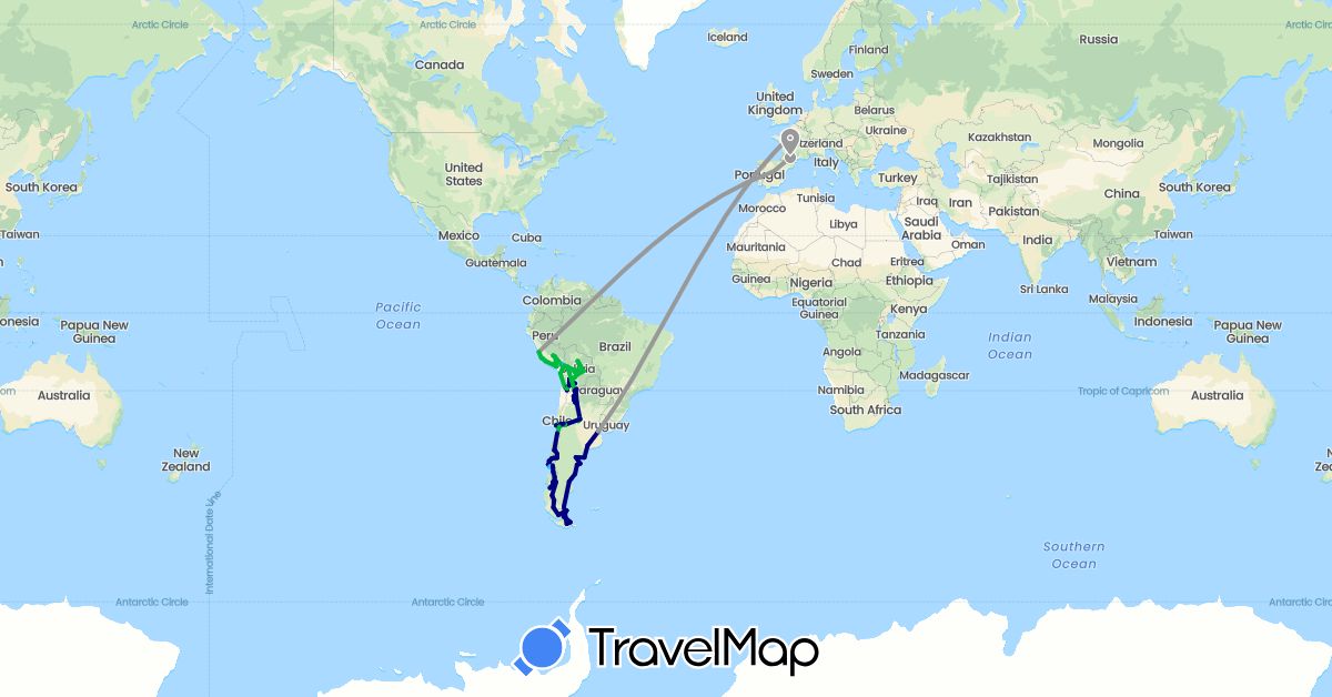 TravelMap itinerary: driving, bus, plane, boat in Argentina, Bolivia, Chile, Spain, France, Peru (Europe, South America)